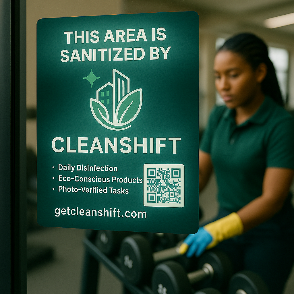 CleanShift team member sanitizing fitness equipment with branded signage displaying daily disinfection protocols