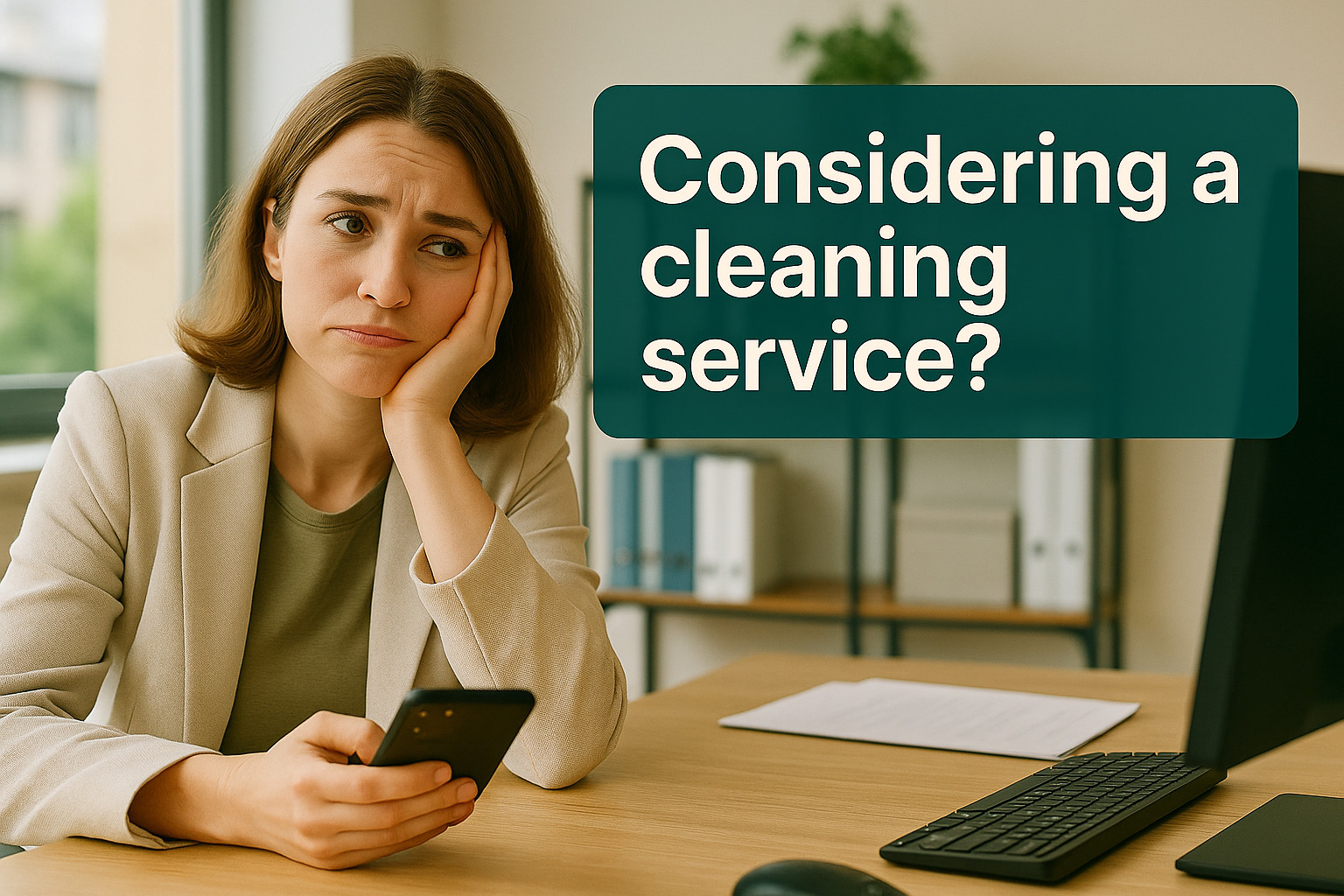Professional considering a CleanShift cleaning service on her phone