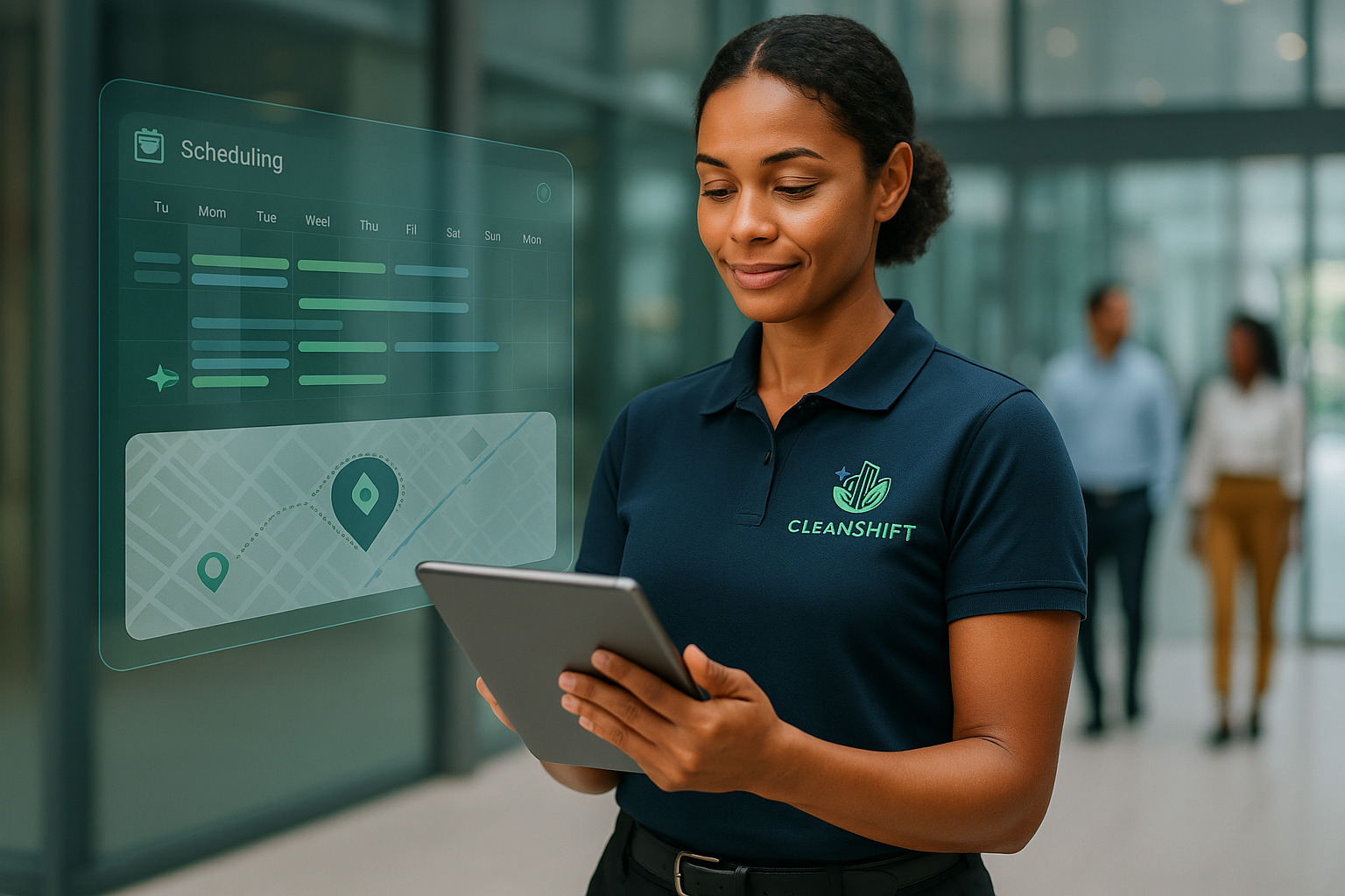 CleanShift team member using the scheduling app on a tablet