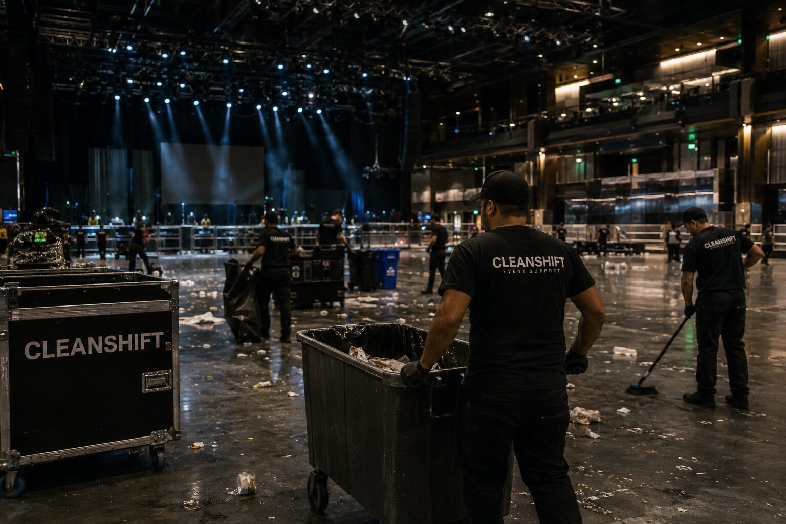 CleanShift overnight operations support team resetting a large San Francisco event venue after a live event.