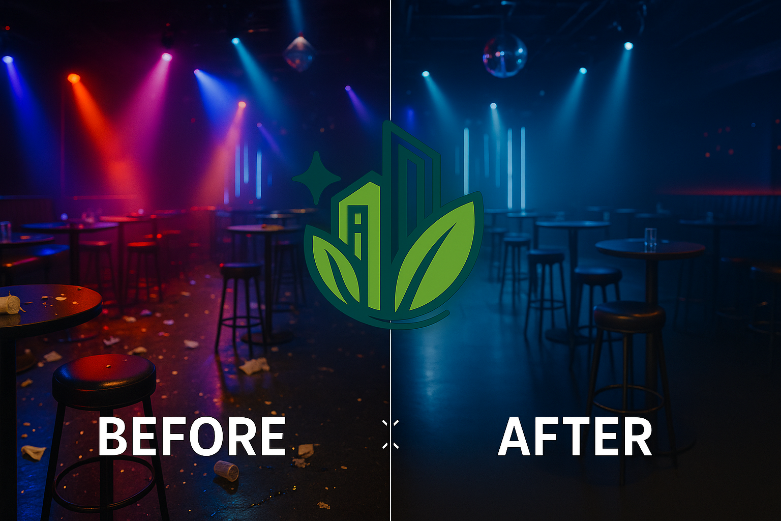 Before and after nightclub cleaning by CleanShift – spotless reset
